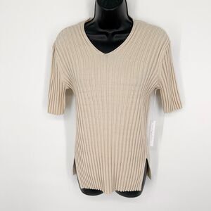 Callahan Revolve Beige Top NEW Womens Sz Small Short Sleeve V-Neck Rib Knit